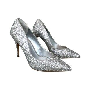 Aqua Women's Silver Rhinestone-Embellished High Heels Pointed Toe Stiletto Pumps